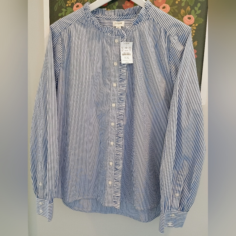 J. Crew Women's Rufled Blue and White Striped Blouse - Tuckernuck Vibe!
